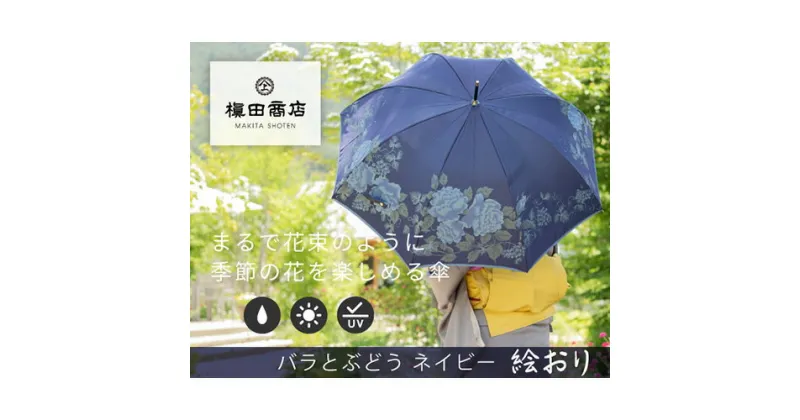 【ふるさと納税】 No.325 高級織物傘【婦人長傘】紺系・深みを帯びた気品 「バラとぶどう柄」絵おり ／ カサ UV加工 レディース おしゃれ 送料無料 山梨県